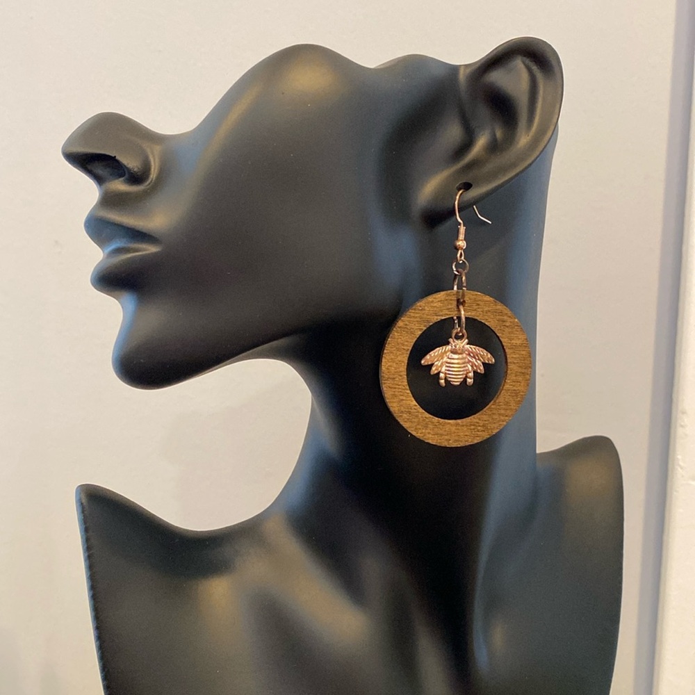 Handmade Wood/Metal Bee Charm Earrings